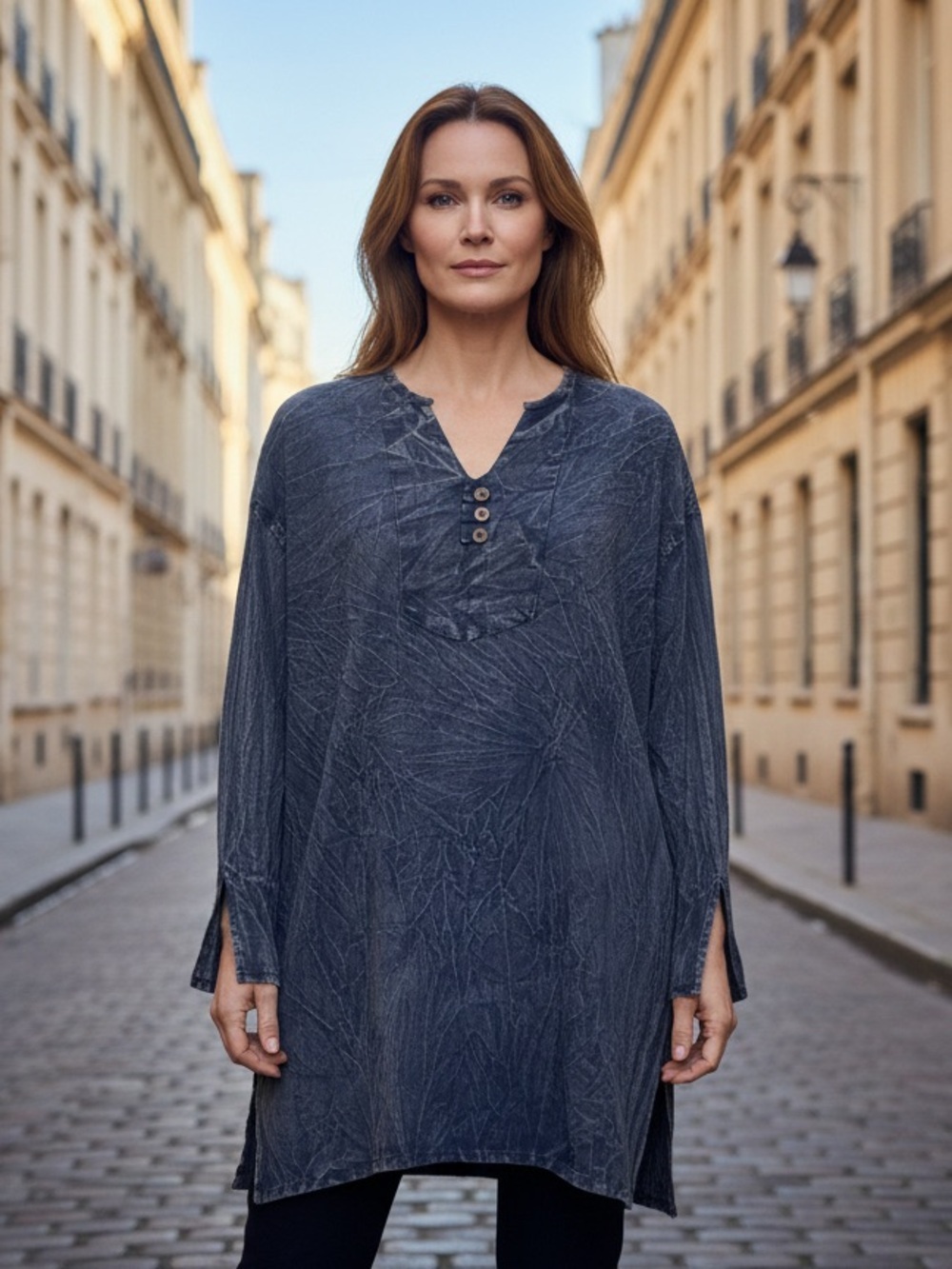 Rhea Crinkled Washed Navy Blue Slate Button Placket Oversized Top